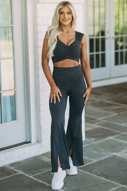 Carbon Grey Ruched Cropped Tank Split Flare Leg Pants Set - Chic Meadow Boutique 