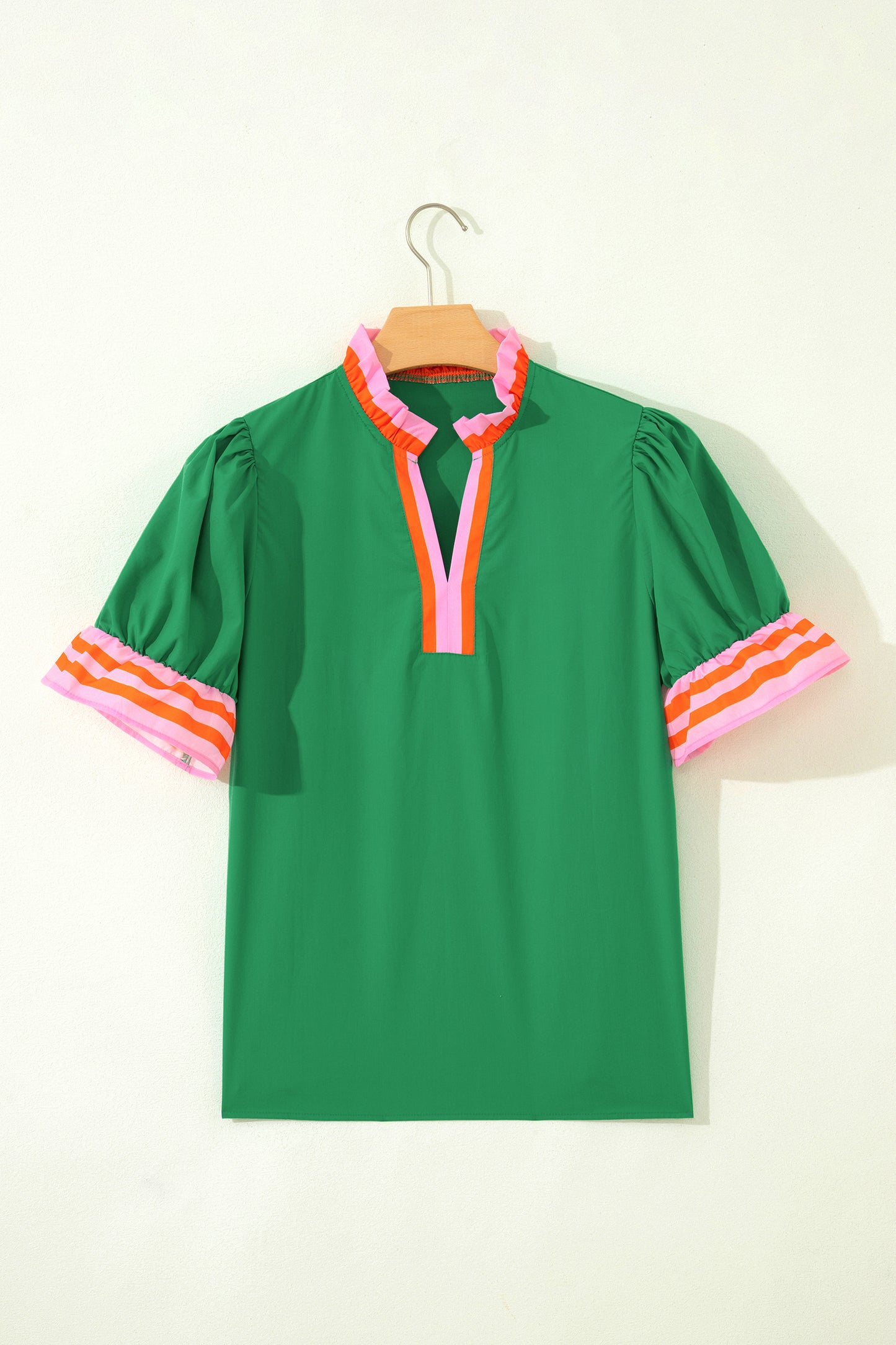 Green Striped Frilled Collar Ruffled Short Sleeve Blouse