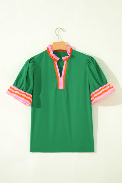 Green Striped Frilled Collar Ruffled Short Sleeve Blouse