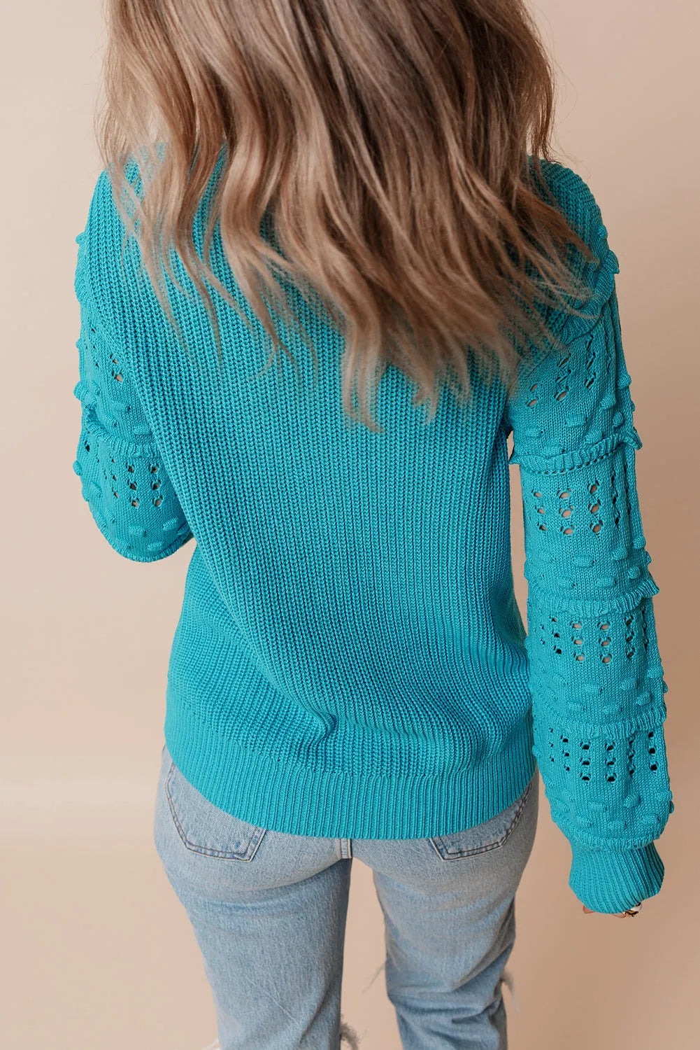 Turquoise Ruffled Eyelet Bubble Sleeve Sweater - Chic Meadow Boutique 