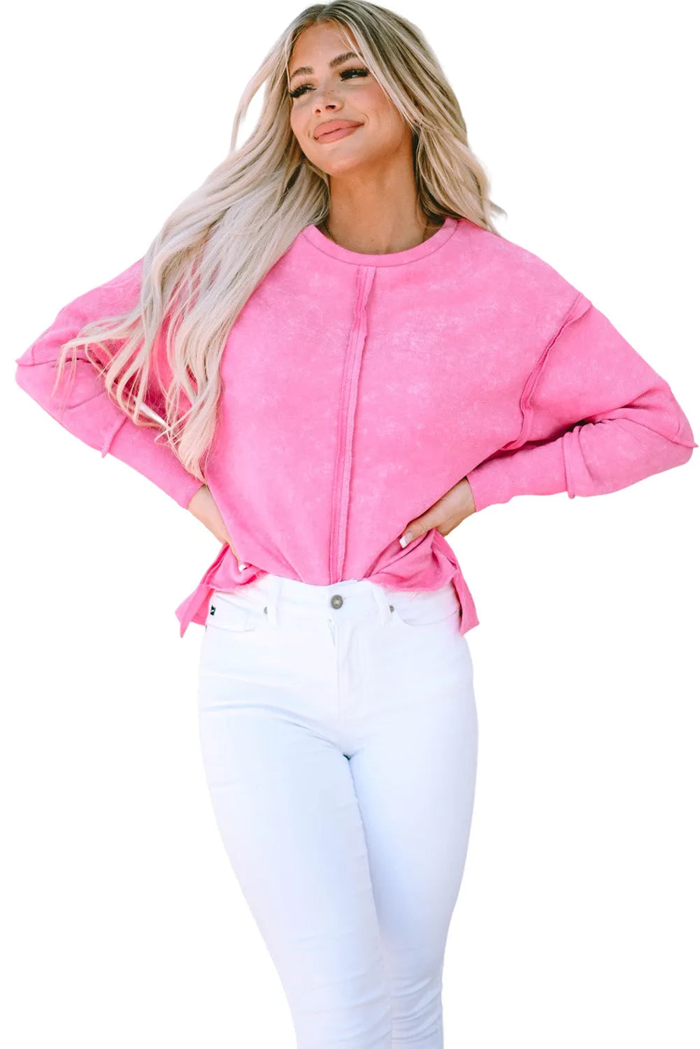 Rose Exposed Seamed High Low Raw Edge Sweatshirt - Chic Meadow Boutique 