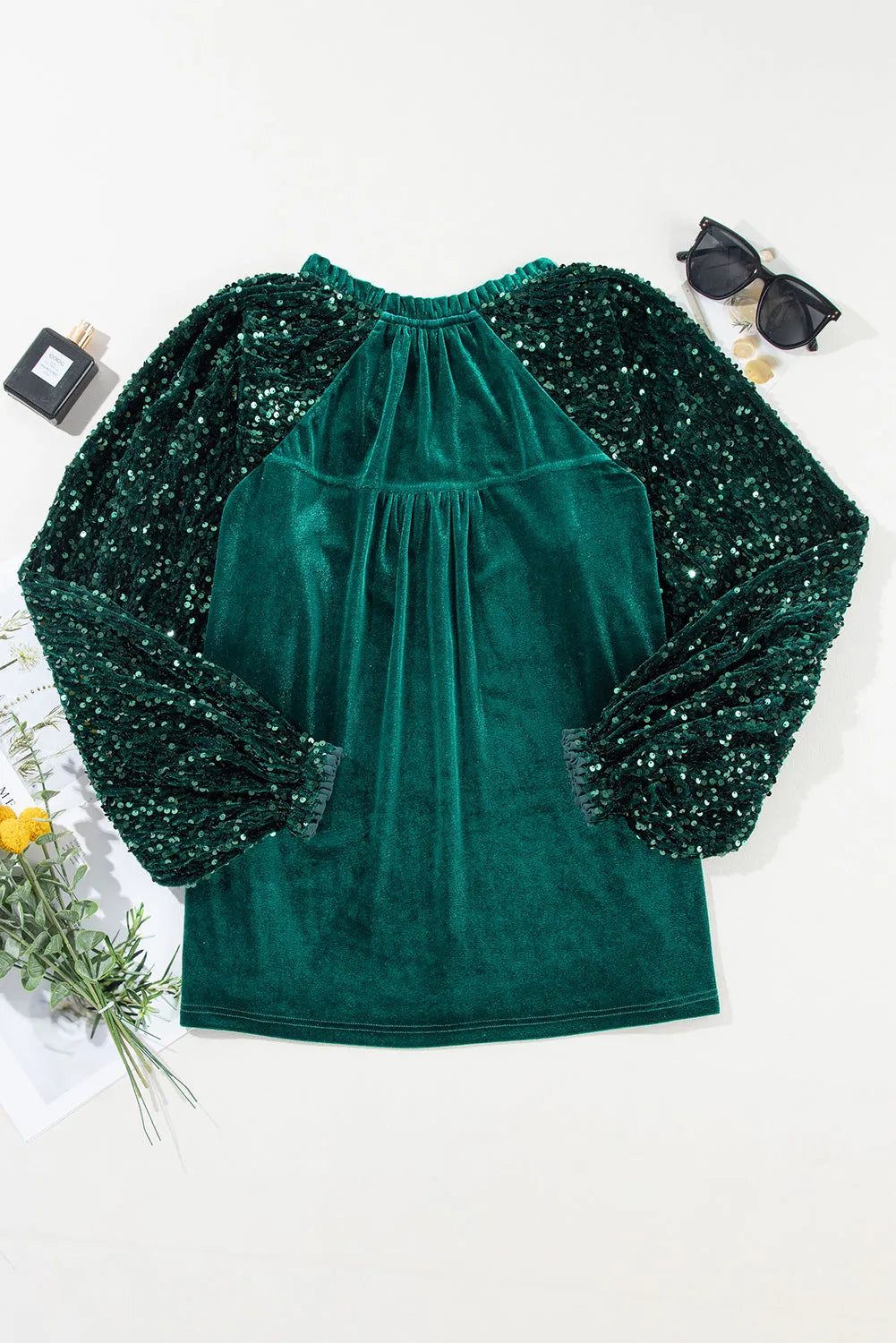 Evergreen Sequin Patchwork Sleeve Button Up Velvet Top - Chic Meadow Boutique 