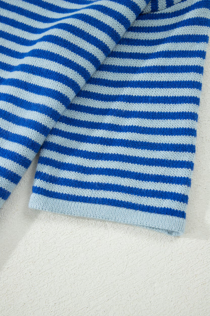 Blue Stripe Loose Half Sleeve Knit Button Down Sweater Cardigan