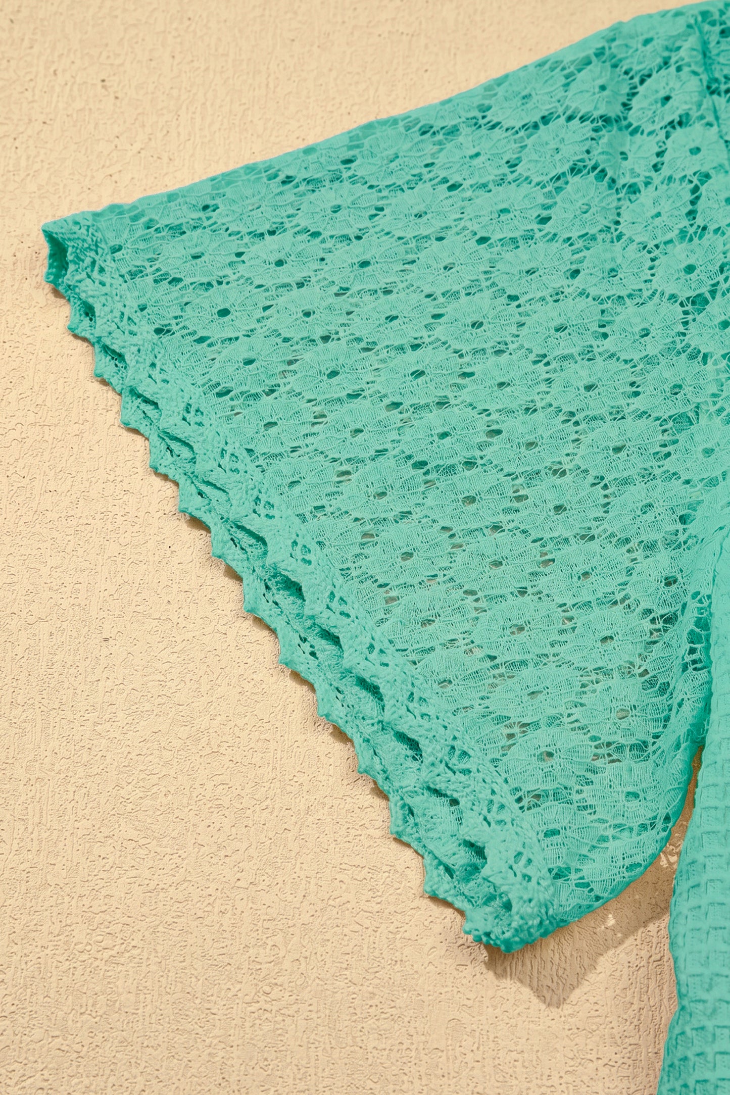 Mint Green Lace Splicing Button Cutout V Neck Waffle Knit Blouse