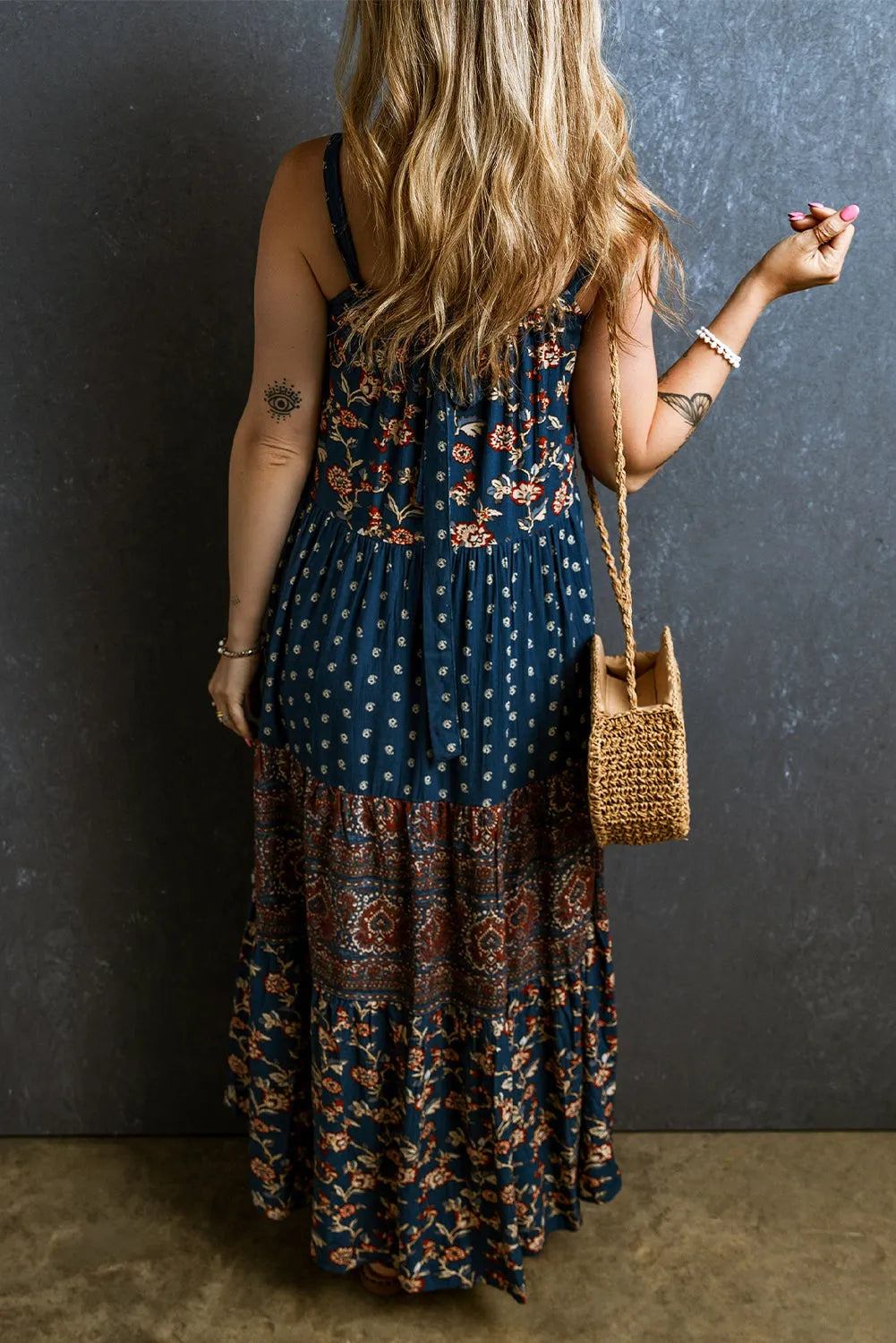 Blue Boho Floral Splicing Sleeveless Maxi Dress - Chic Meadow Boutique 