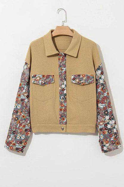 Outerwear/Jackets Khaki Waffle Knit Floral Print Patchwork Button up Jacket