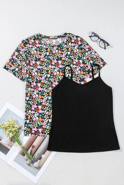Black Sheer Floral Mesh Round Neck T Shirt