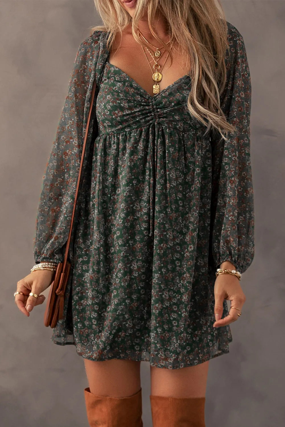 Green Floral Print Sweetheart Neck Shirred Back Mini Dress - Chic Meadow Boutique 