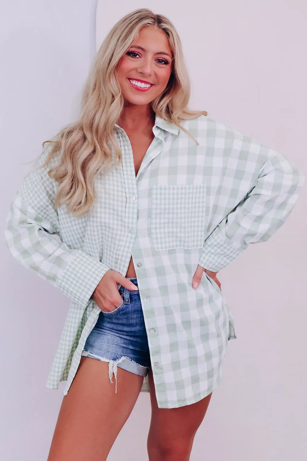 Green Mix Checked Patchwork Long Sleeve Shirt - Chic Meadow Boutique 