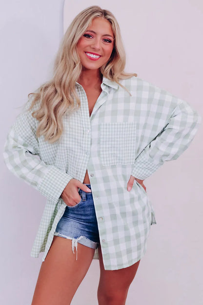 Tops/Blouses & Shirts Green Mix Checked Patchwork Long Sleeve Shirt