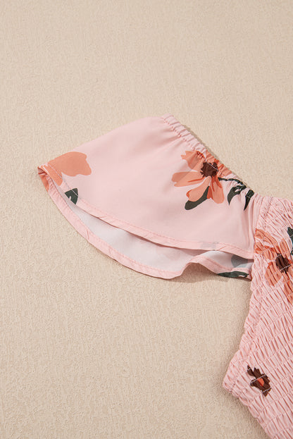 Pink Floral V Neck Smocked High Waist Ruffle Hem Long Dress