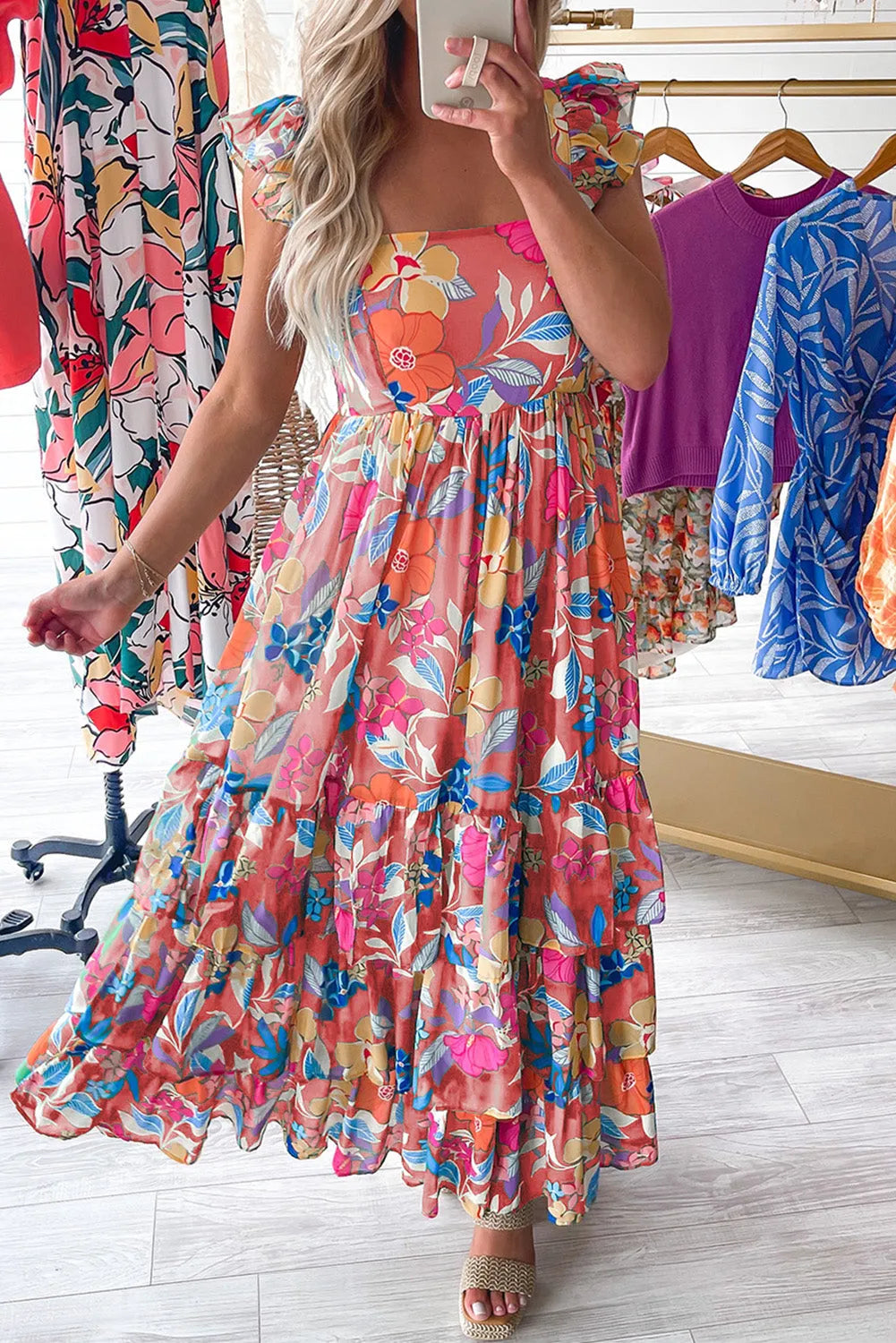 Pink Floral Print Sleeveless Ruffle Tiered Maxi Dress - Chic Meadow Boutique 