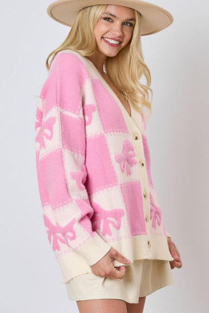 Sweaters & Cardigans/Cardigans Pink Bowknot Checkered Pattern V Neck Drop Shoulder Button Up Cardigan