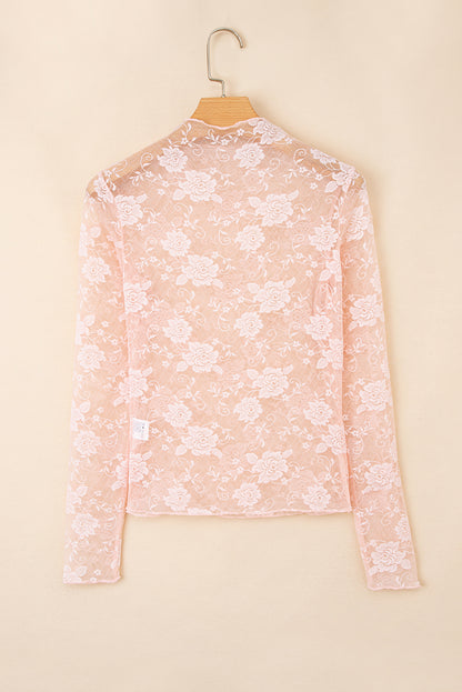 Apricot Pink Sheer Floral Lace Mesh Mock Neck Long Sleeve Top