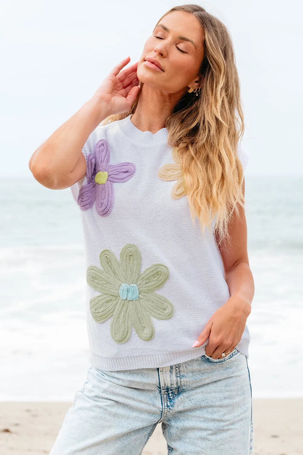 White Multi Crochet Flower Knit Short Sleeve Sweater Tops - Chic Meadow Boutique 