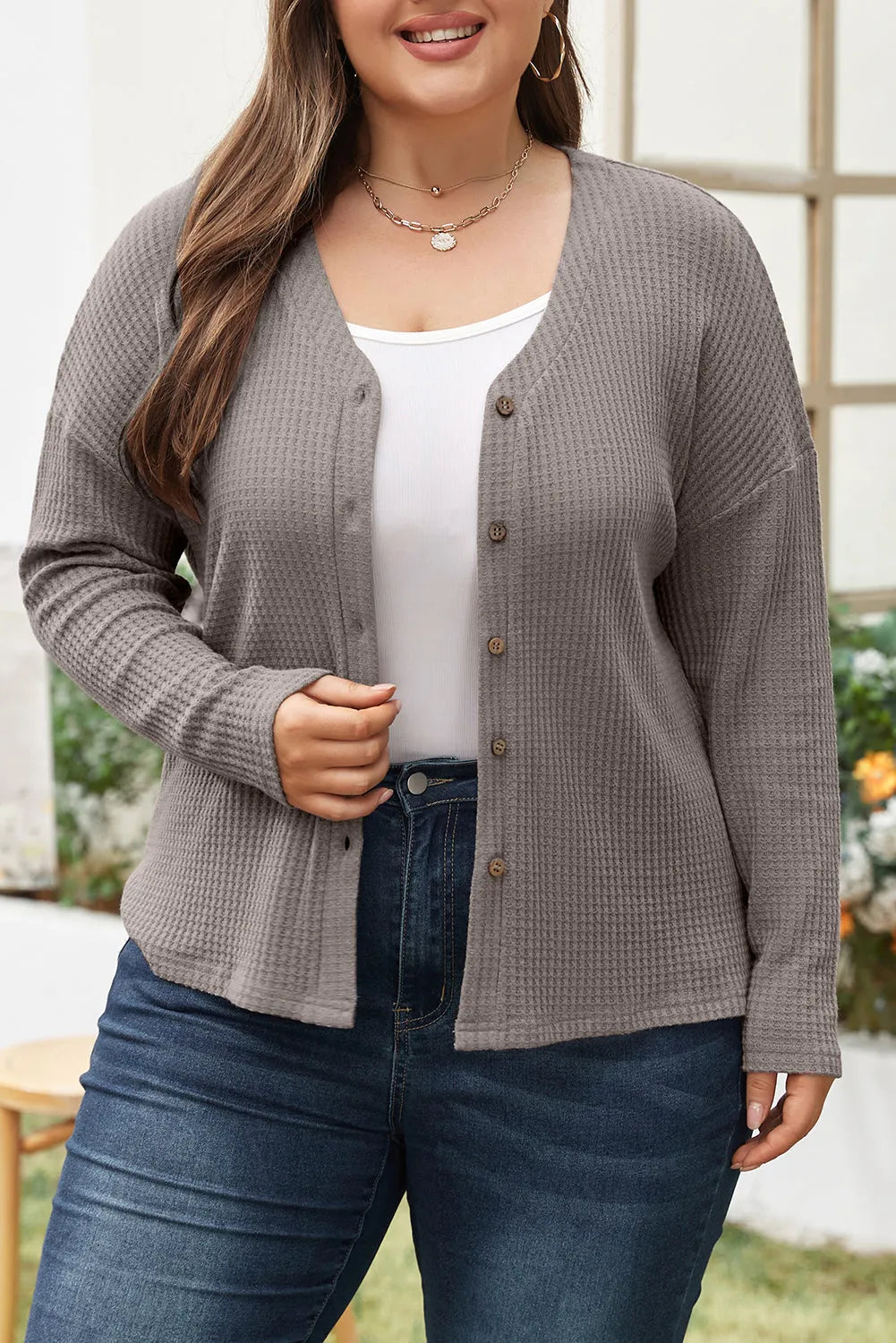 Simply Taupe Waffle Knit Drop Shoulder Button V Neck Plus Size Top - Chic Meadow Boutique 