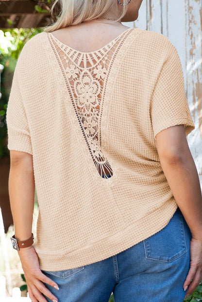 Beige Guipure Lace Insert Textured Plus Size Tee - Chic Meadow Boutique 