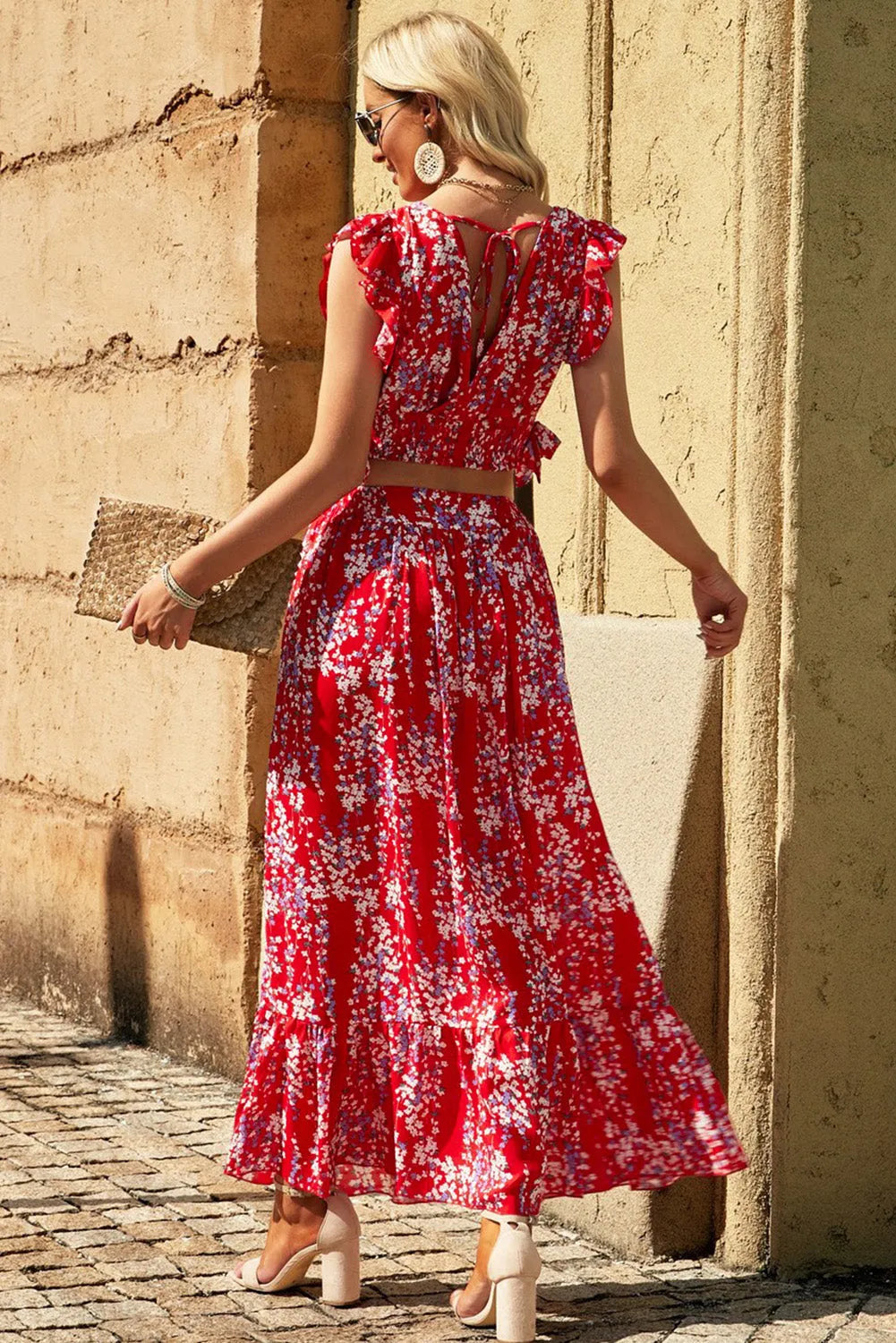 Fiery Red Multicolor Floral Ruffled Crop Top and Maxi Skirt Set - Chic Meadow Boutique 