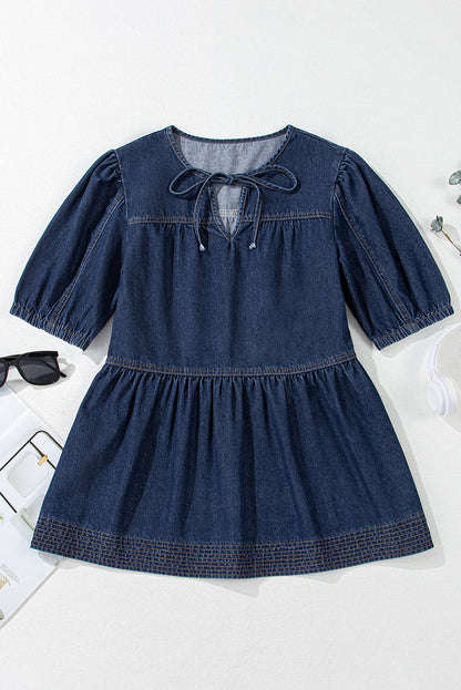 Sail Blue Puff Sleeve Lace-up Neckline Splicing Denim Blouse