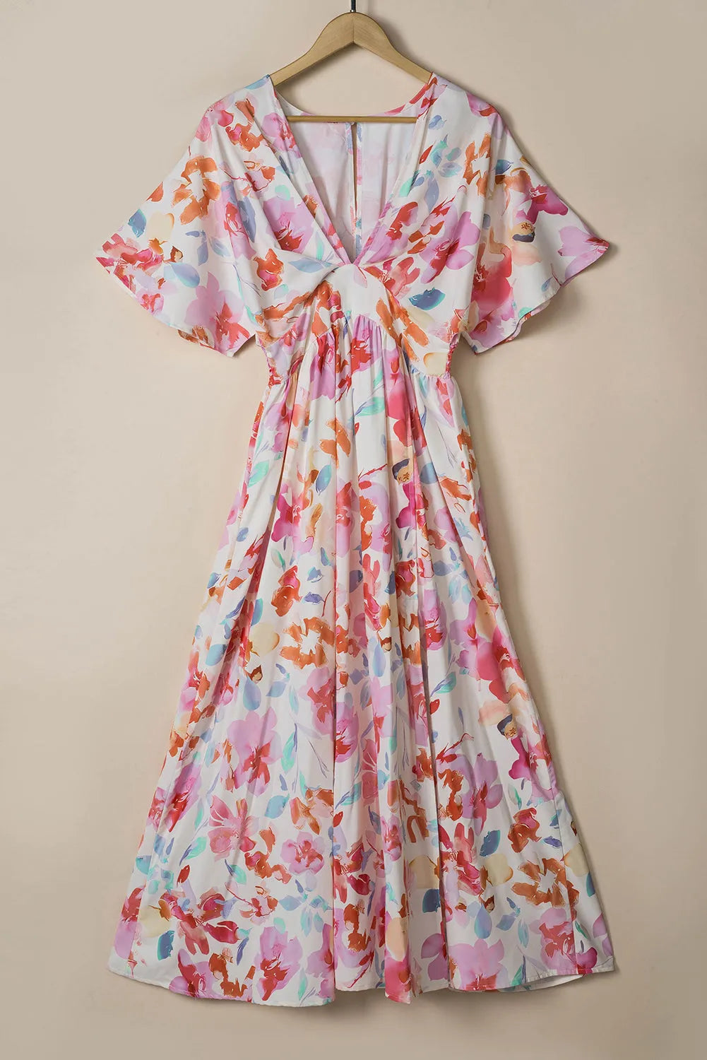 Multicolor Tropical Floral Print Ruched V Neck Maxi Dress - Chic Meadow Boutique 