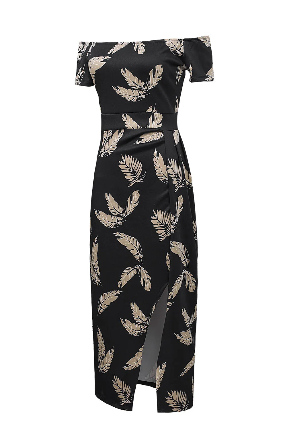 Black Pattern Print Off Shoulder Slit Bodycon Midi Dress - Chic Meadow Boutique 