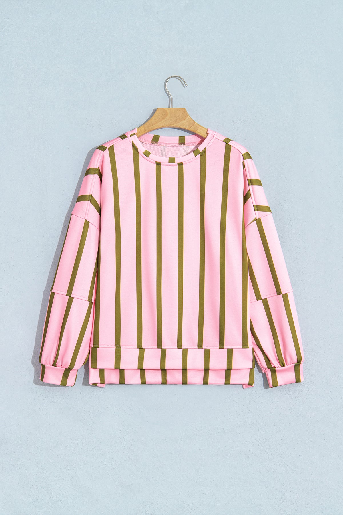 Green Stripe Dropped Shoulder Round Neck Casual Sweatshirt