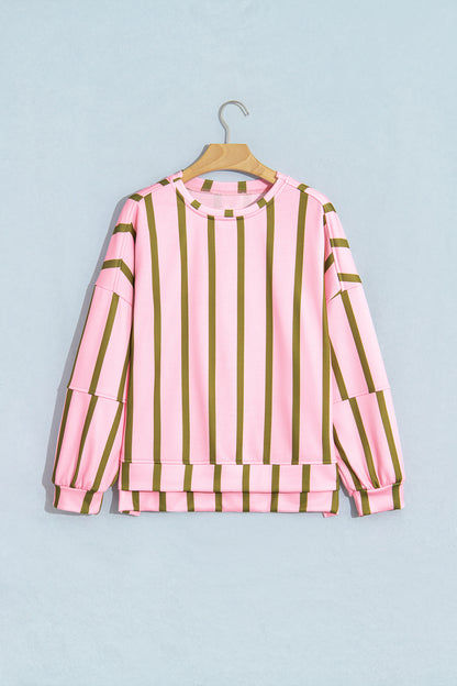 Green Stripe Dropped Shoulder Round Neck Casual Sweatshirt