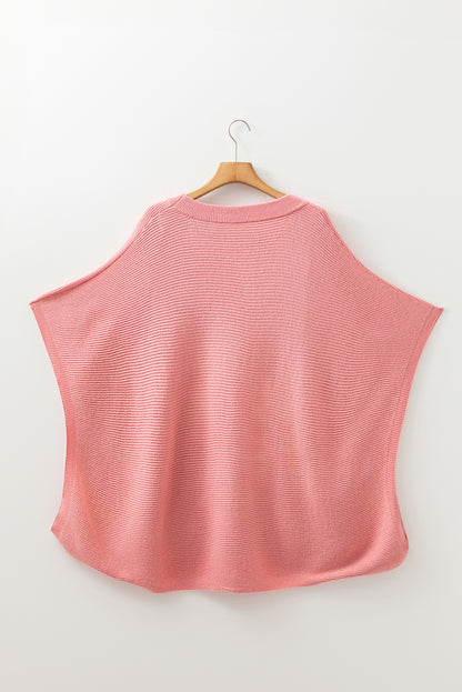 Light Pink Ribbed Knit Half Sleeve Plus Size Poncho Style Sweater