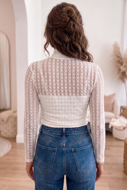Beige Textured Sheer Lace High Neck Long Sleeve Top