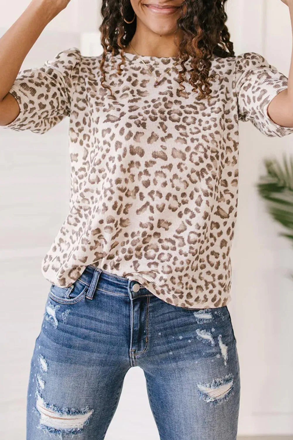 Multicolour Textured Leopard Print Ruched Sleeve T Shirt - Chic Meadow Boutique 