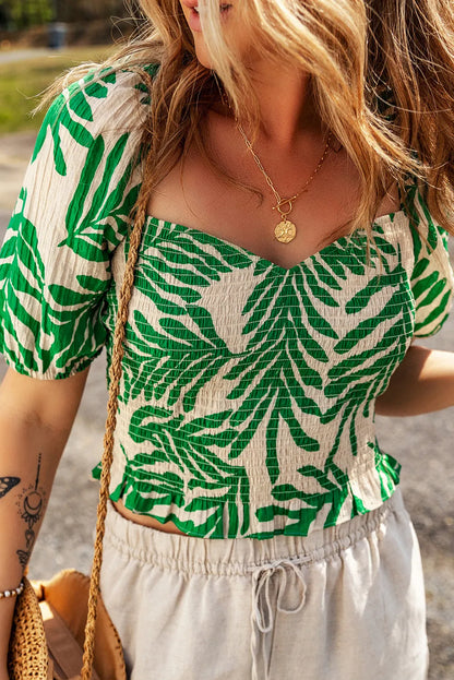 Dark Green Tropical Leaf Print Smocked Crop Top - Chic Meadow Boutique 