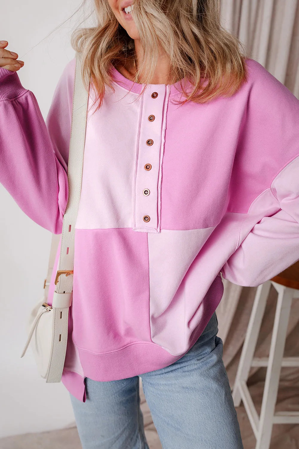 Pink Colorblock Henley High Low Oversize Sweatshirt - Chic Meadow Boutique 