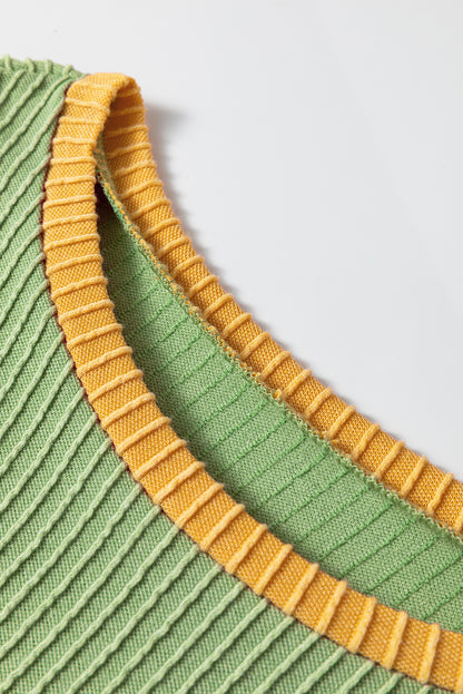 Grass Green Color Block Corded Knit Crew Neck Tee