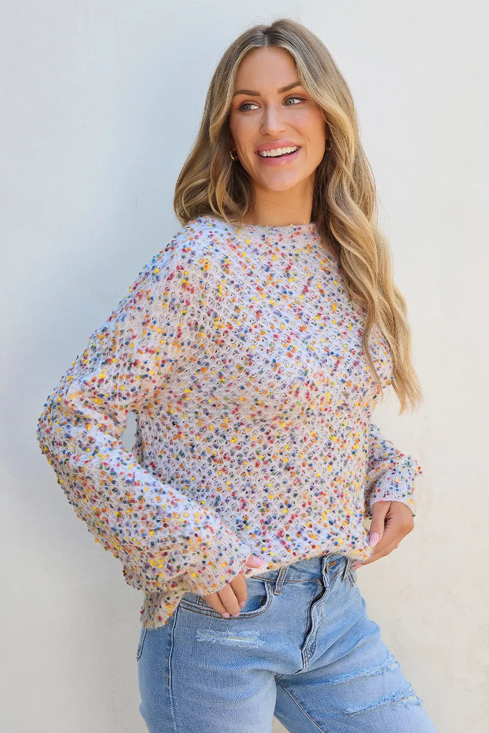 White Confetti Knit Popcorn Sweater Top - Chic Meadow Boutique 