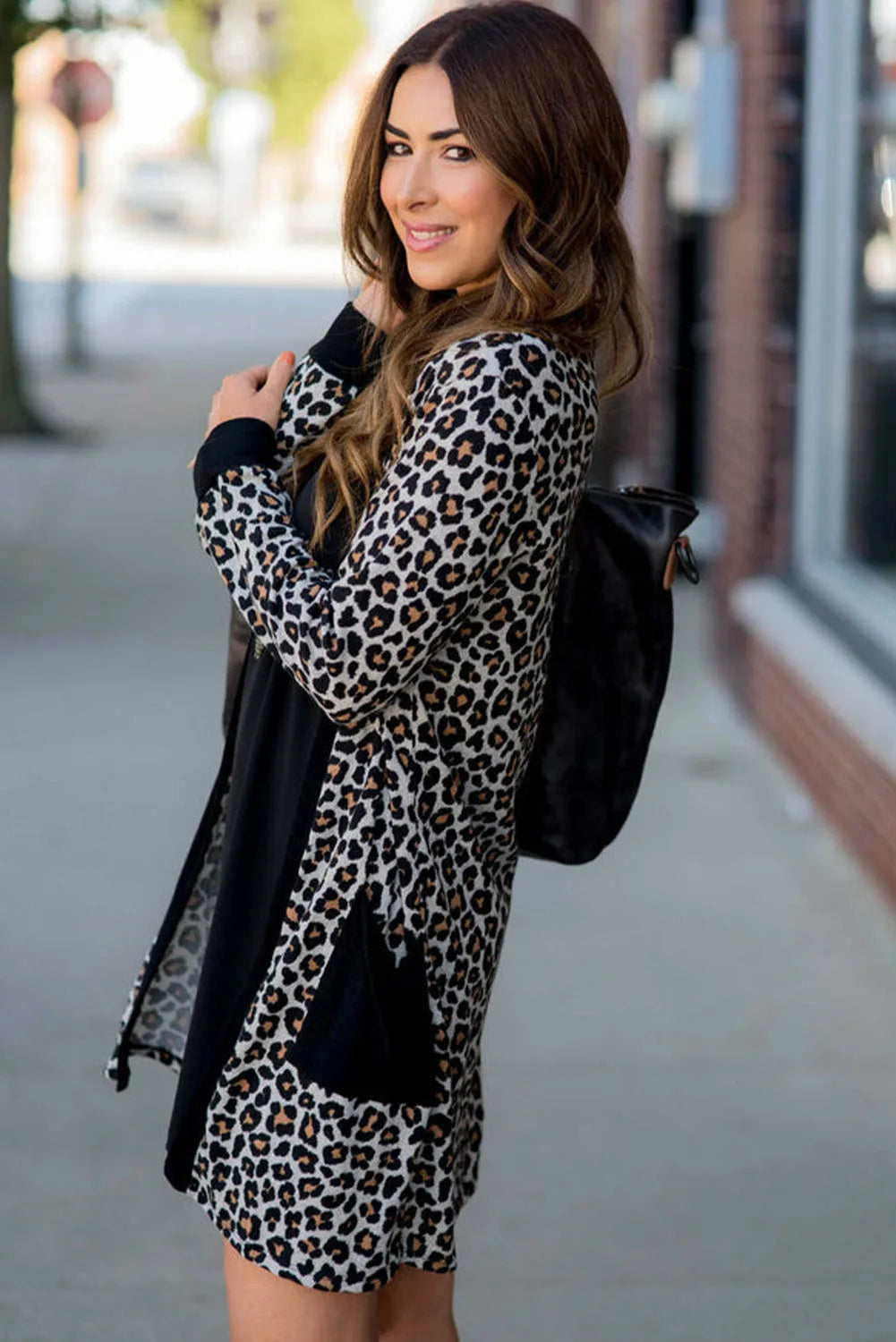 Black Leopard Patched Pocket Open Front Cardigan - Chic Meadow Boutique 