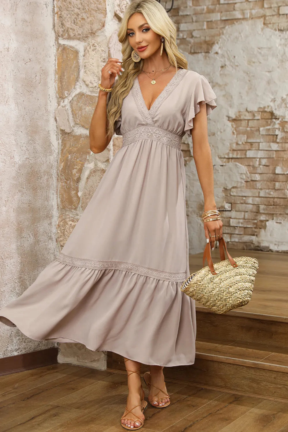 Oatmeal Lace V Neck Ruffled Sleeve Empire Waist Dress - Chic Meadow Boutique 