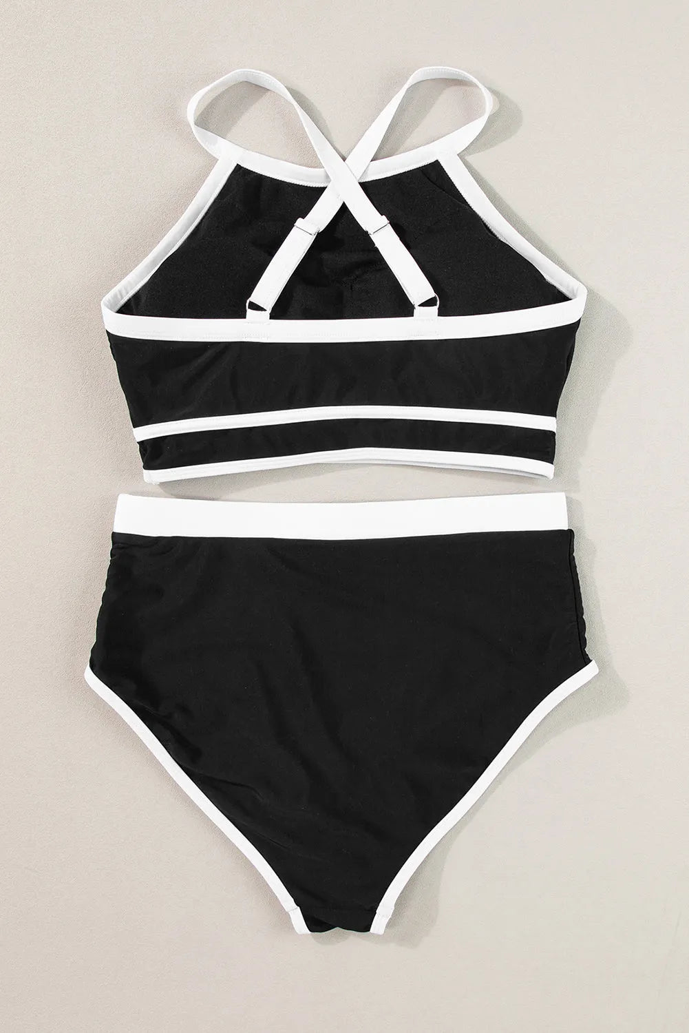 Black Contrast Trim Crisscross Back High Waisted Bikini - Chic Meadow Boutique 