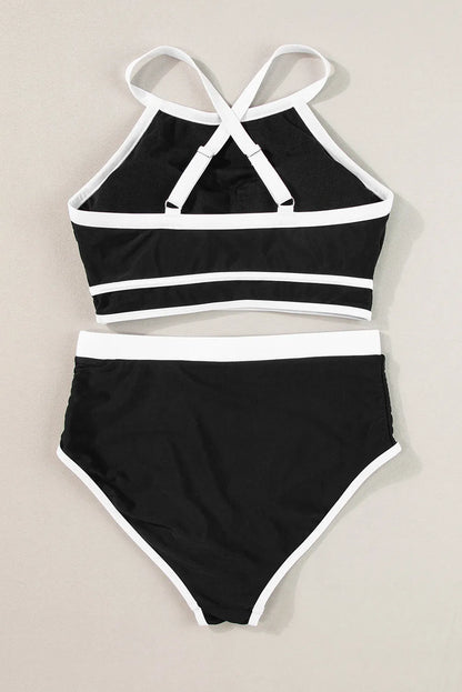 Black Contrast Trim Crisscross Back High Waisted Bikini - Chic Meadow Boutique 