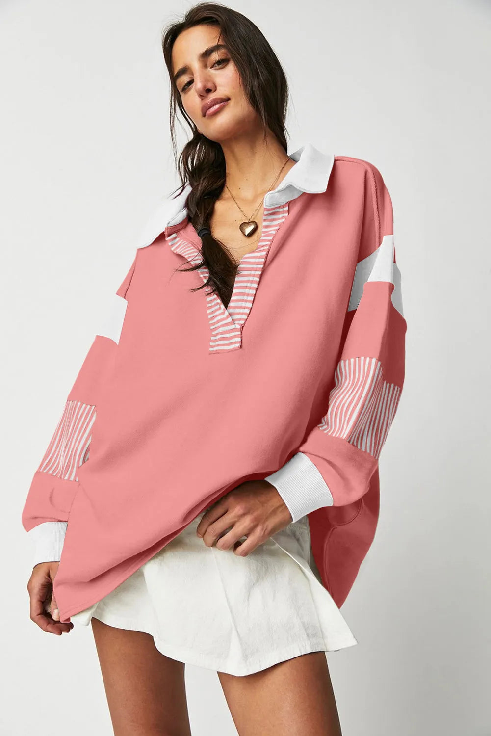 Casual Striped Colorblock Patchwork Collar Sweatshirt - Chic Meadow Boutique 