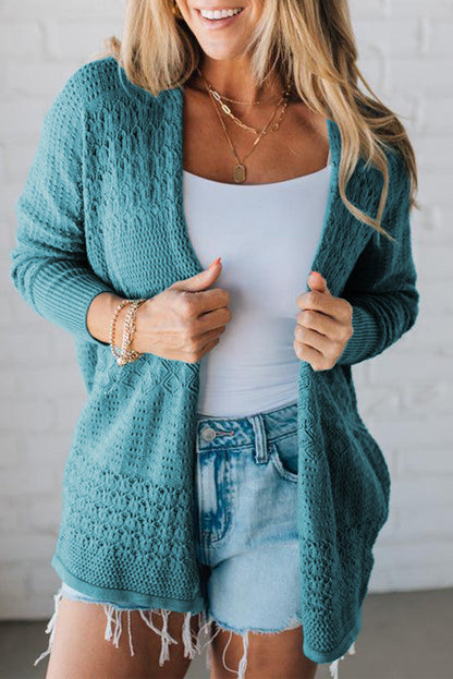 Lapis Mix Pattern Hollowed Knit Open Front Cardigan
