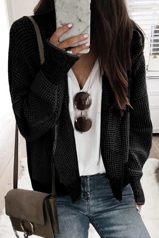 Black Plaid Contrast Trim Open Front Cardigan - Chic Meadow Boutique 