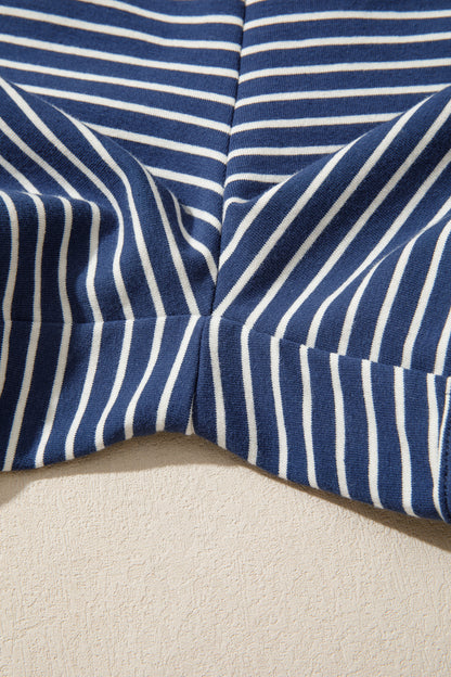 Blue Stripe Ribbed Patchwork Mock Neck Baggy Pullover Matching Shorts Set