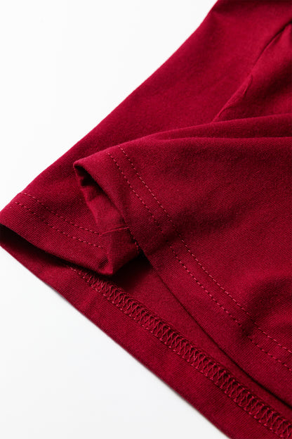 Burgundy Plus Size Solid Color Asymmetric Neck Short Sleeve Blouse