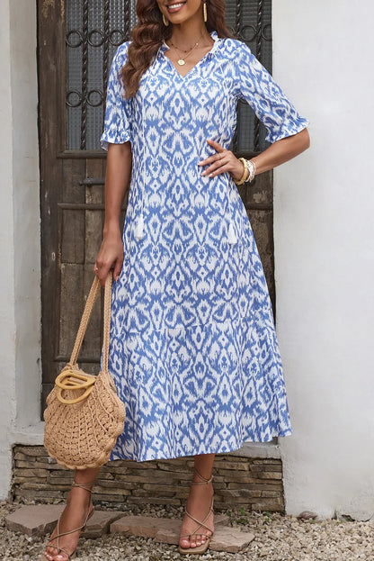 Sky Blue V Neck Casual Geometric Print Maxi Dress - Chic Meadow Boutique 