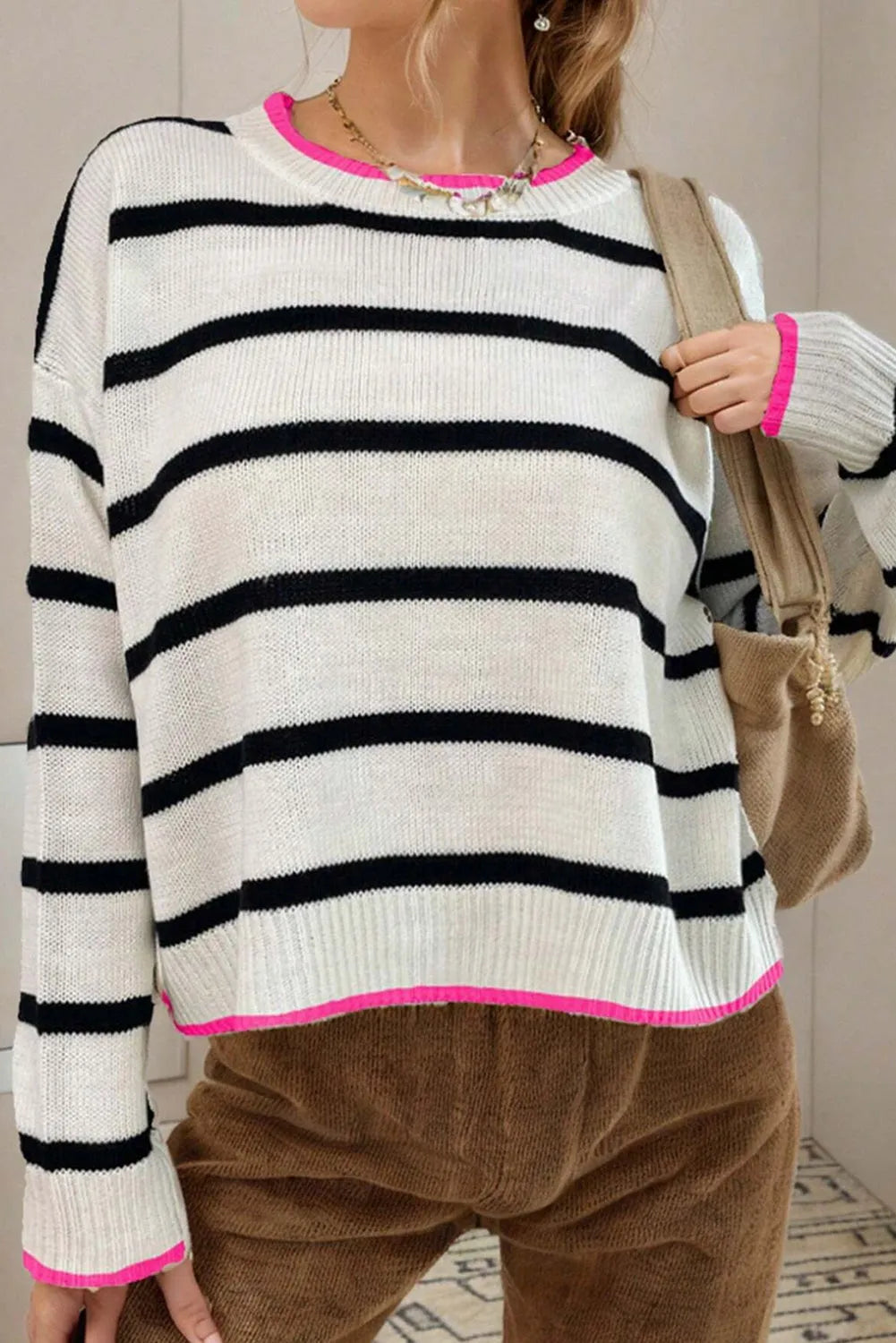 White Stripe Color Contrast Drop Shoulder Crew Neck Sweater - Chic Meadow Boutique 