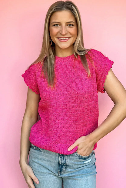 Rose Red Scalloped Short Sleeve Summer Sweater Top - Chic Meadow Boutique 