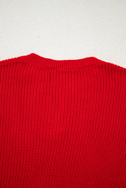 Racing Red Solid Textured Knit V Neck Drop Shoulder Sweater