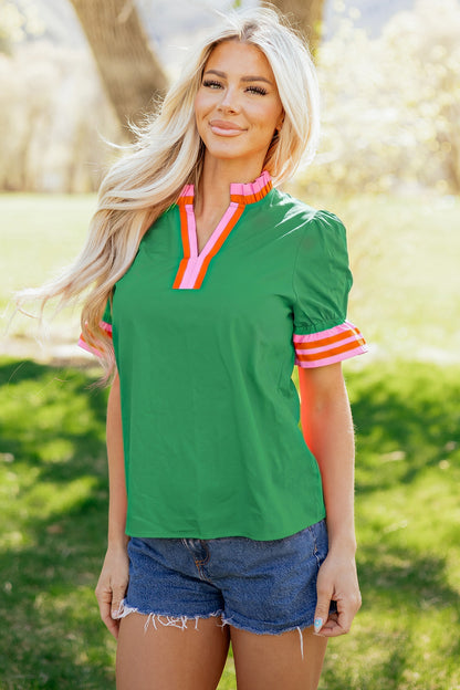 Green Striped Frilled Collar Ruffled Short Sleeve Blouse