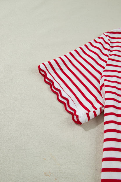 Red Stripe Plus Size Scalloped Trim Round Neck Short Sleeve Top