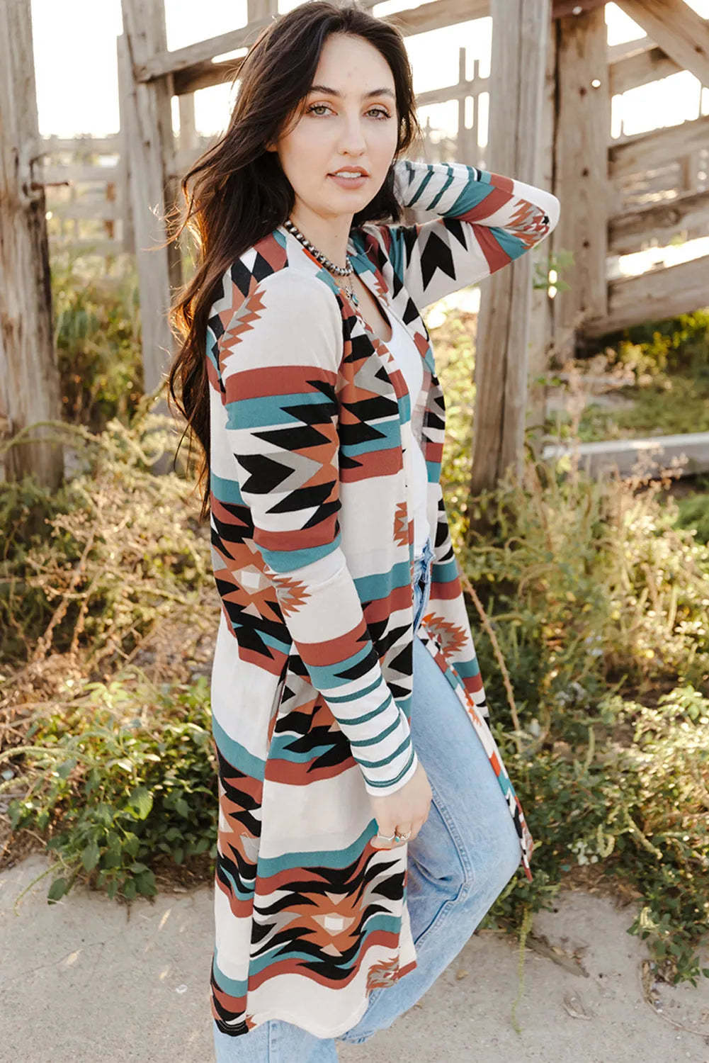 Multicolor Geometric Color Block Open Front Long Cardigan - Chic Meadow Boutique 